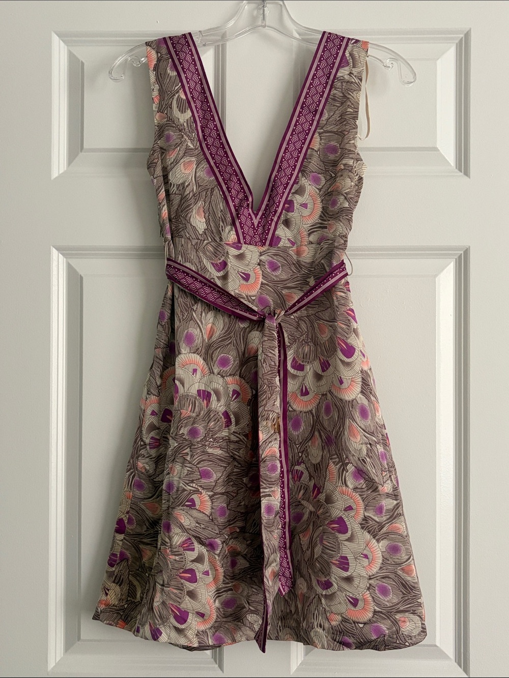 H&M Purple Peacock Print V-Neck Tie Waist Dress